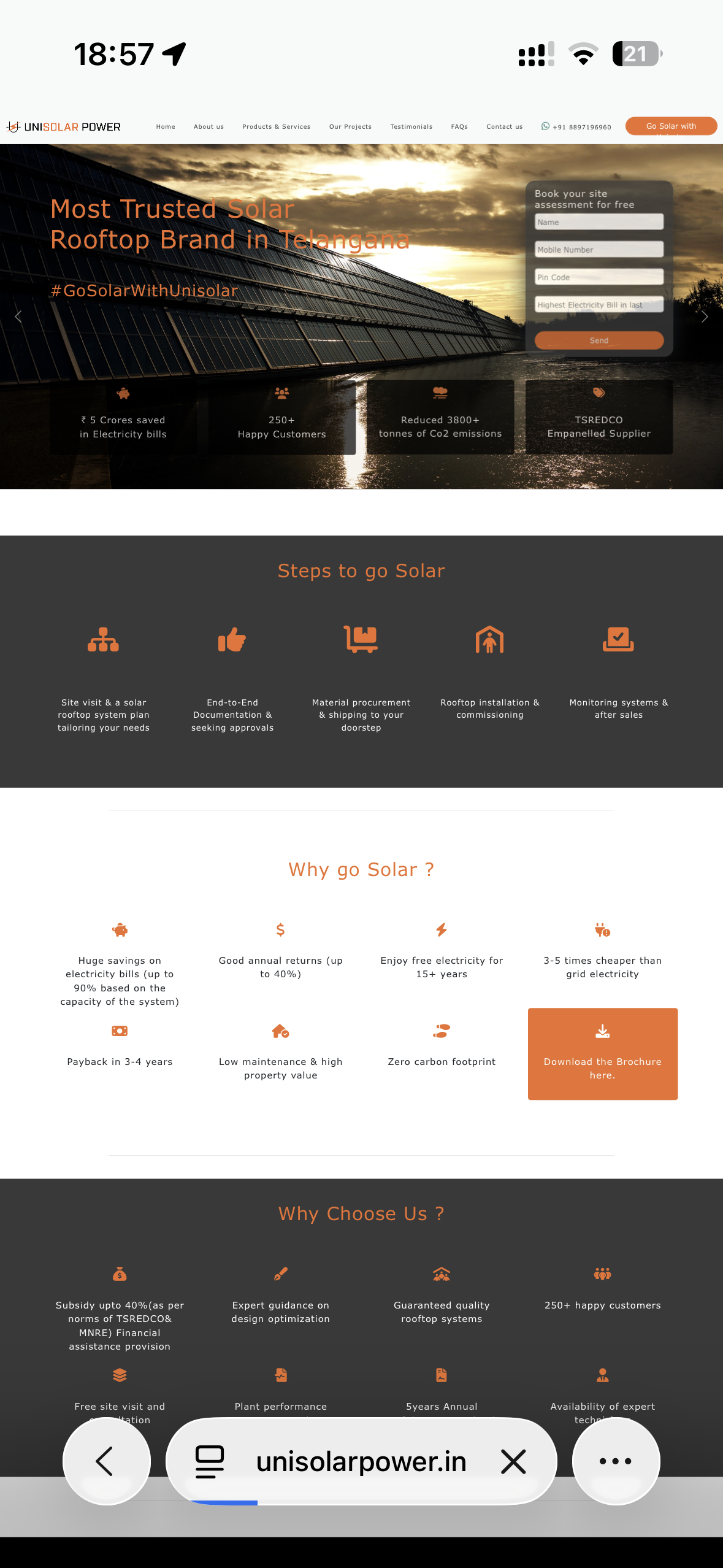 Unisolar Power — broken mobile experience before redesign